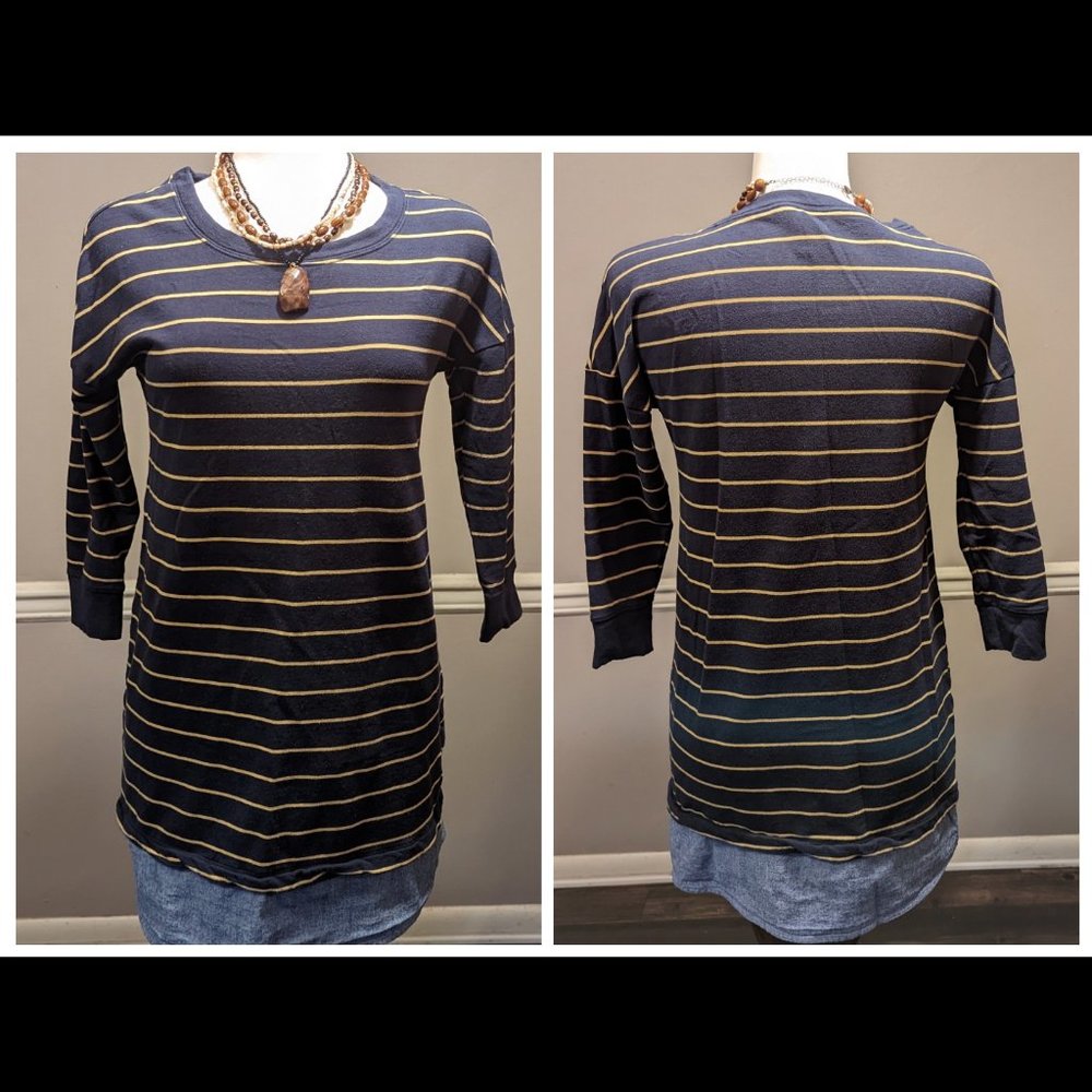 Alex AND Zoe Blue Gold Denim Sweatshirt Tunic Top 3/4 Length Sleeves Size S